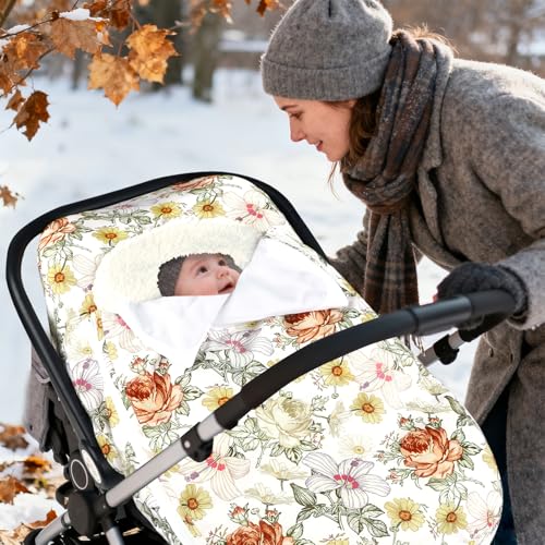 Image of Baby Car Seat Cover Winter, Super Warm Baby Carseat Cover for Girl Boy, Plush Fleece Infant Car Seat Cover, Double Sides Zipper Carseat Canopy Covers, Purple Floral, Yellow Vintage Floral