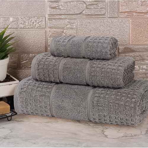 Superior Cotton 3-Piece Towel Set, Zero Twist, Waffle Border, Bathroom Essentials, Shower, Spa, Luxury Plush Soft Absorbent Towels, Includes 1 Bath, 1 Hand, 1 Washcloth/Face Towel, Charcoal by SUPERIOR - Used condition - US$18.06
