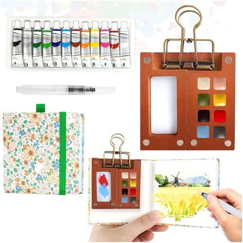 Audasi 5 Piezas Set de Mini Acuarelas Portátil, 8 Rejillas Juego de Paletas de Acuarelas Portatiles Mini Acuarela para Pintores Artistas Estudiantes