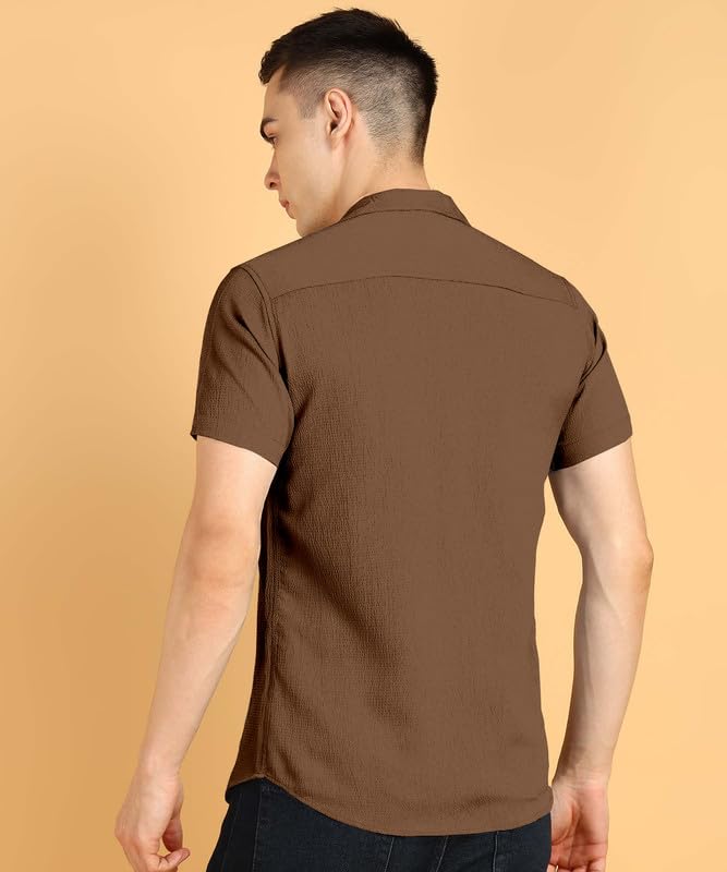 Image of COMBRAIDED Men's Solid Cotton Blend Half Sleeve Shirt - Regular Fit Casual Button-Down Shirt for Office & Travel - Summer & Spring