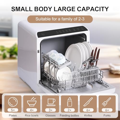 LINGXI countertop dishwasher no hookup, dishwasher with 5 liter water tank, countertop dishwasher with dryer, separate baby care, Portable dishwasher with upper and lower dual spray arms.