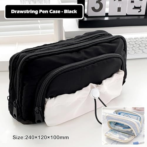 Image of Canvas School Bag Pencil Case, 3 Layer 6 Compartment Large Capacity, Aesthetic Pencil Pouch for Stationary, Cute Stationery for Kids, Pencil Case for Girls & Boys (Dori-Black)
