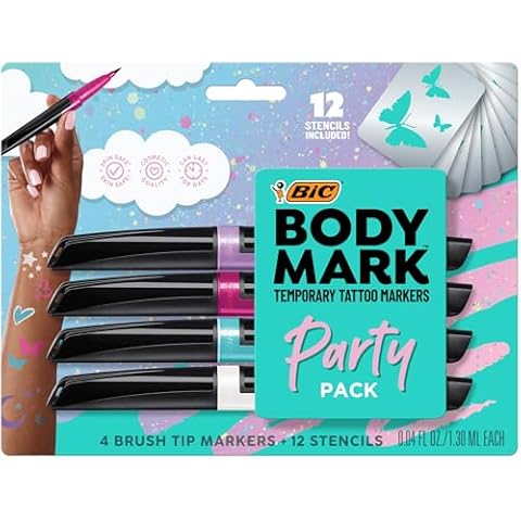 BIC BodyMark Party Pack Temporary Tattoo Marker for Skin, Premium Brush Tip, Gifts for Teens, 4 Count Pack Cover