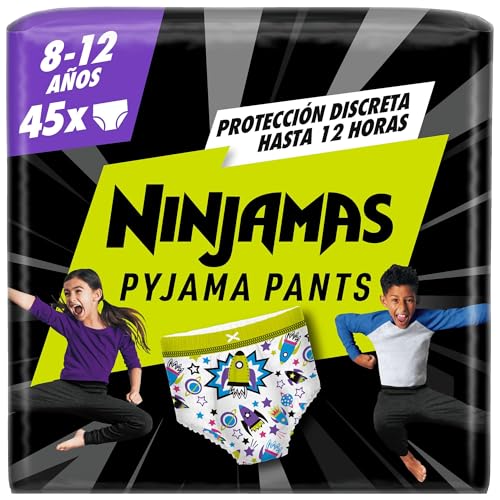 Dodot Pañal-Braguita Ninjamas, Talla 8-12 años (27-43 kg), 45 pañales tipo braguita, pañal noche con Naves espaciales, Protección Antifugas durante Toda La Noche