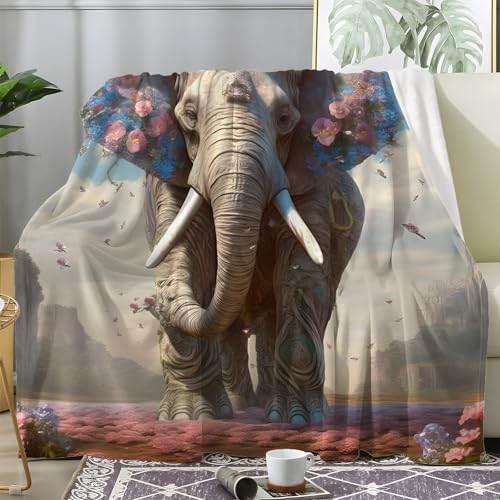 Couverture Éléphant - Plaid Polaire Guirlande D'Éléphants Faune Animal - Plaid Lit 1 Personne en Flanelle Douce et Chaude - Decoration Canape et Couvre Lit...
