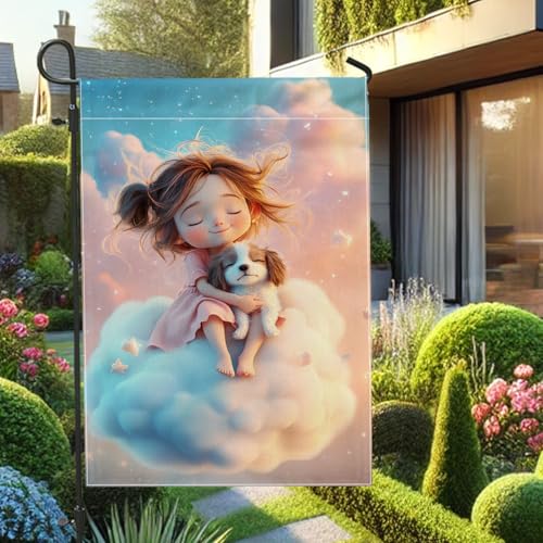Niedliche Wolkenhund-Gartenflagge, Pastellblau und Pfirsich, Heimdekoration, Banner, doppelseitige Rasendekoration für Sommer, Kinderzimmer und Tierliebhaber, 30,5 x 45,7 cm