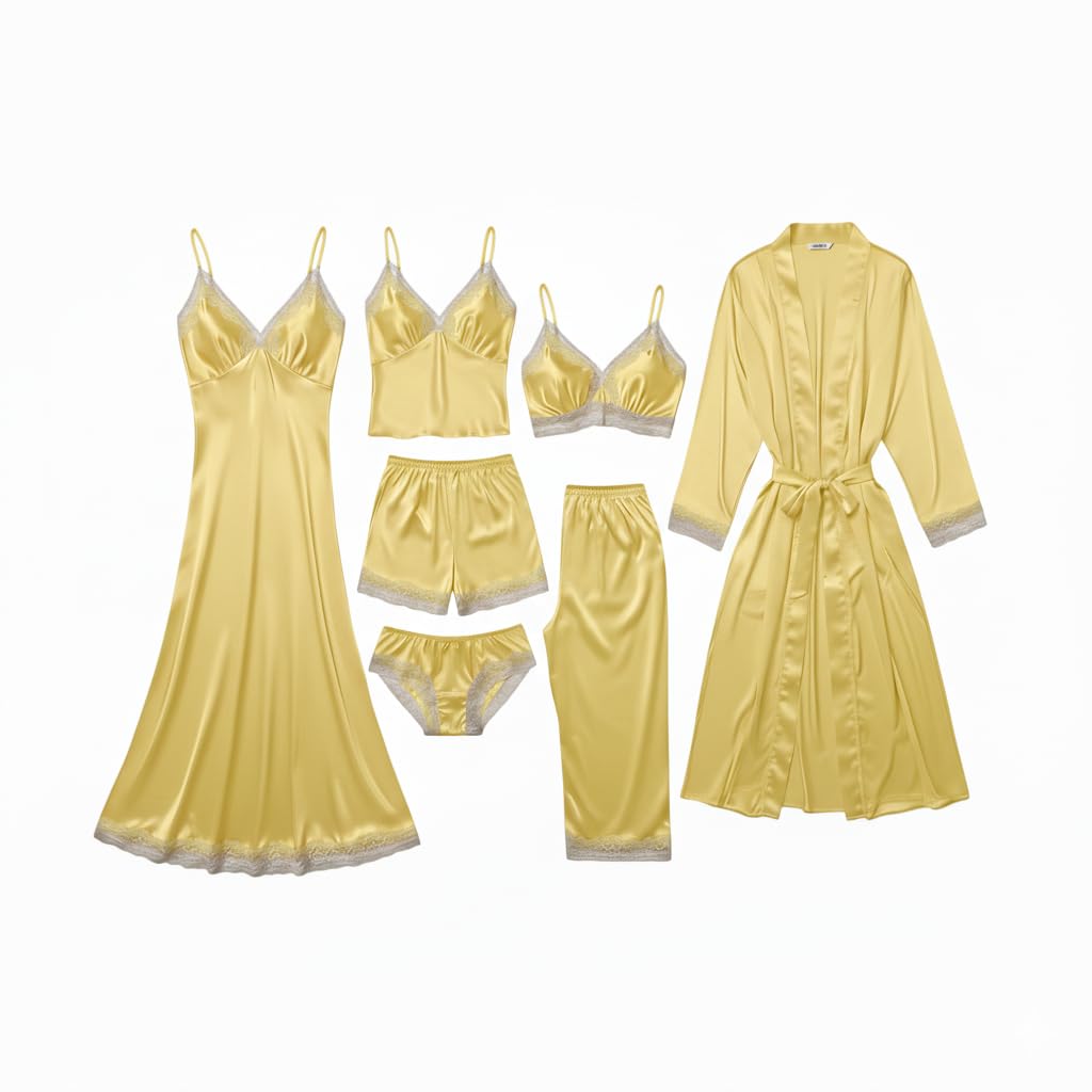 e - ezra Valentine's Day Fancy Night Suit Bath Robe Dress & Bra Panty Set Combo for Women's Pack of 7 Pcs Nightwear Lingerie Silk Dress Gifts Lace Nightsuit Set Lemon (Free Size)-picture-48