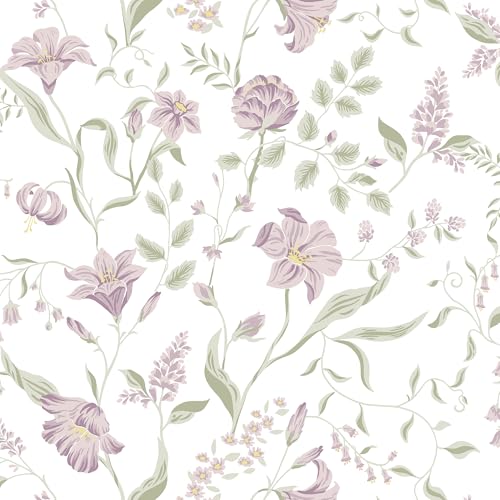 Purple Floral Wallpaper Peel and Stick Wallpaper Flower and Leaf Contact Paper Modern Removable Self Adhesive Wall Paper for Girls Bedroom Bathroom Nursery Cabinets Decor Waterproof Vinyl 17.378.7