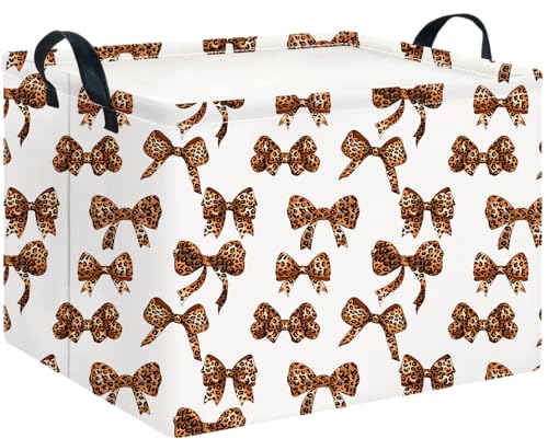 Image of CLOCOR Rectangular Storage Basket,Waterproof Books Box with Handles,Gift Basket(Leopard Print Bow)