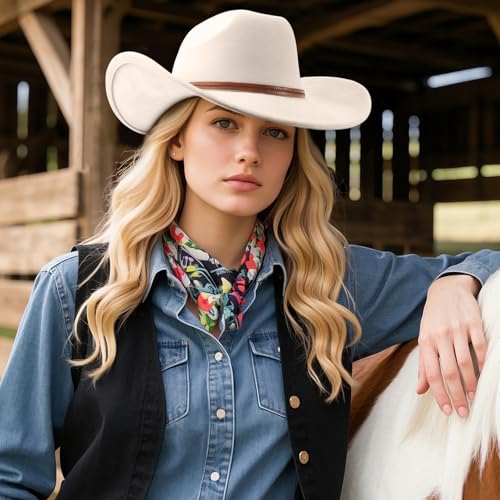 Image of DRESHOW Cowboy Hat for Women and Men Wide Brim Western Cowboy Cowgirl Hat with Belt Buckle Unisex Rolled up Caps