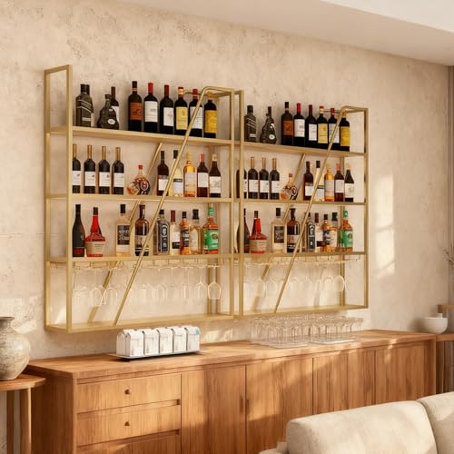 Casier à vin mural LED doré 80cm avec support de verres suspendus - 8