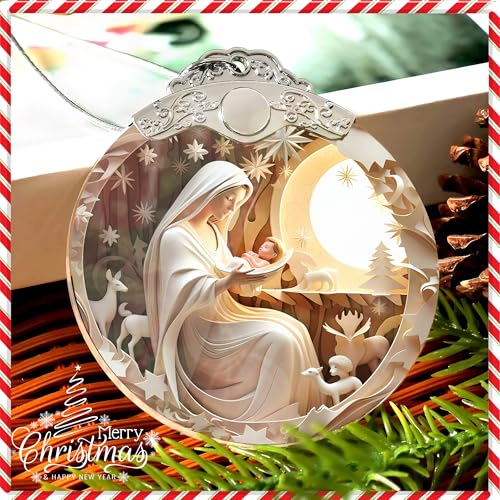 Sensemory Christmas Ornament, White Nativity Design, Religious Christmas Ornament, Hanging Ornament, Acrylic, 2023, 4 INCH, for Holiday Party