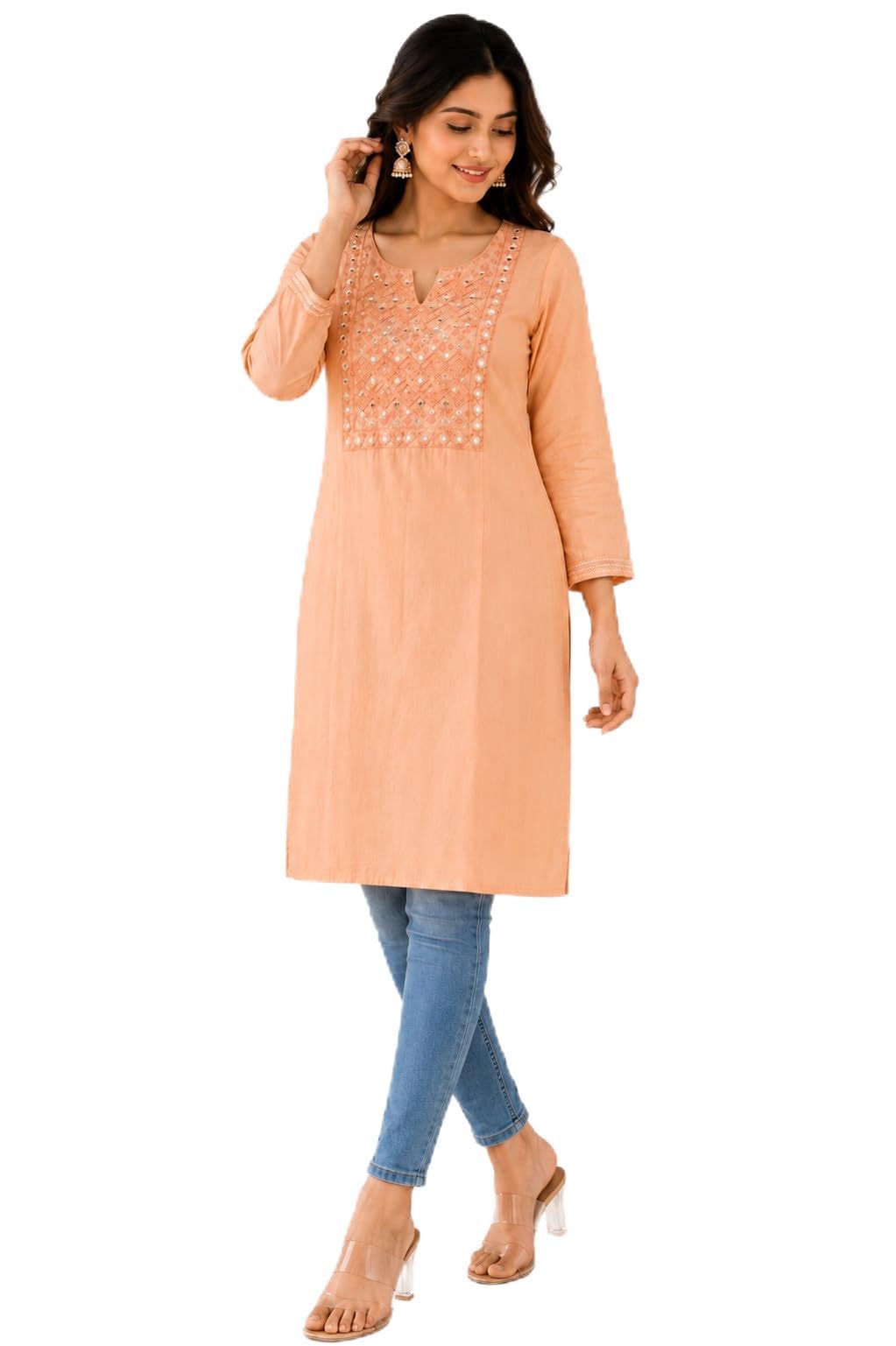 Peach Embroidered Kurti with Mirror Work, 3/4 Sleeves-image-12