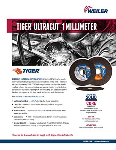 Image of Weiler 58130 4-1 /2 Inch Cutting Wheel, Tiger INOX Stainless Steel Ultracut 1 mm Contaminant-Free High Performance Thin Cutting, 1mm INOX60T Type 1 7 /8 inch Arbor, Pack of 50