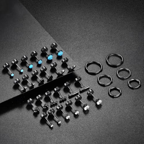 Surgical Stainless Steel Flat Back Stud Earrings for Women Men Hypoallergenic Hoop Earrings for Cartilage Helix Lobes Multiple Piercing jewerly Screw Back Earring Set Silver/Gold/Black4