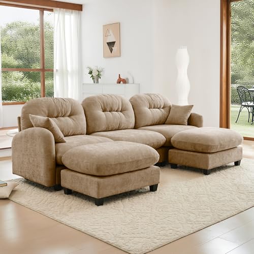 Image of KEIKI 107 inch U-Shaped Oversized Chenille Modular Sectional Sofa with 2 Ottoman, High-Density Foam Cushions, Tufted Pleated Cushion Backrest, Modern 3-Seater Couch with 2 Pillow, for Living Room, Camel