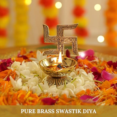 Image of Behoma 100% Pure Brass Swastik Diya for Puja | Religious Symbol Deep Deepak for Pooja Room, Tample,Mandir,Office, Diya for Home Decoration