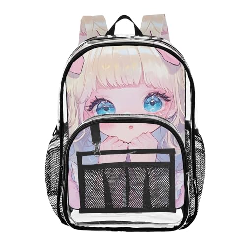 Anime Japanese Woman Cute Clear Backpack, Heavy Duty PVC Transparent Backpacks, See Through Multiple Pockets Bookbag for Women Concert Sport Venues Work Travel