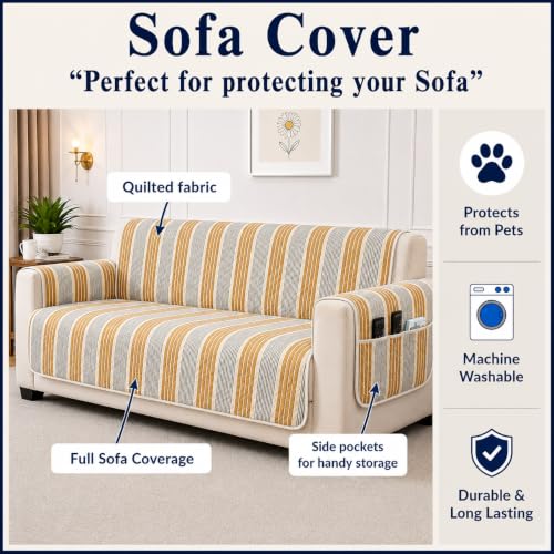 Image of STITCHNEST 'CloudFeel Series' Quilted Printed Velvet Sofa Cover for 2 Seater | Premium Soft Velvet Sofa Protector | Mustard Black Striped Design with Armrest Pockets | Furniture Cover
