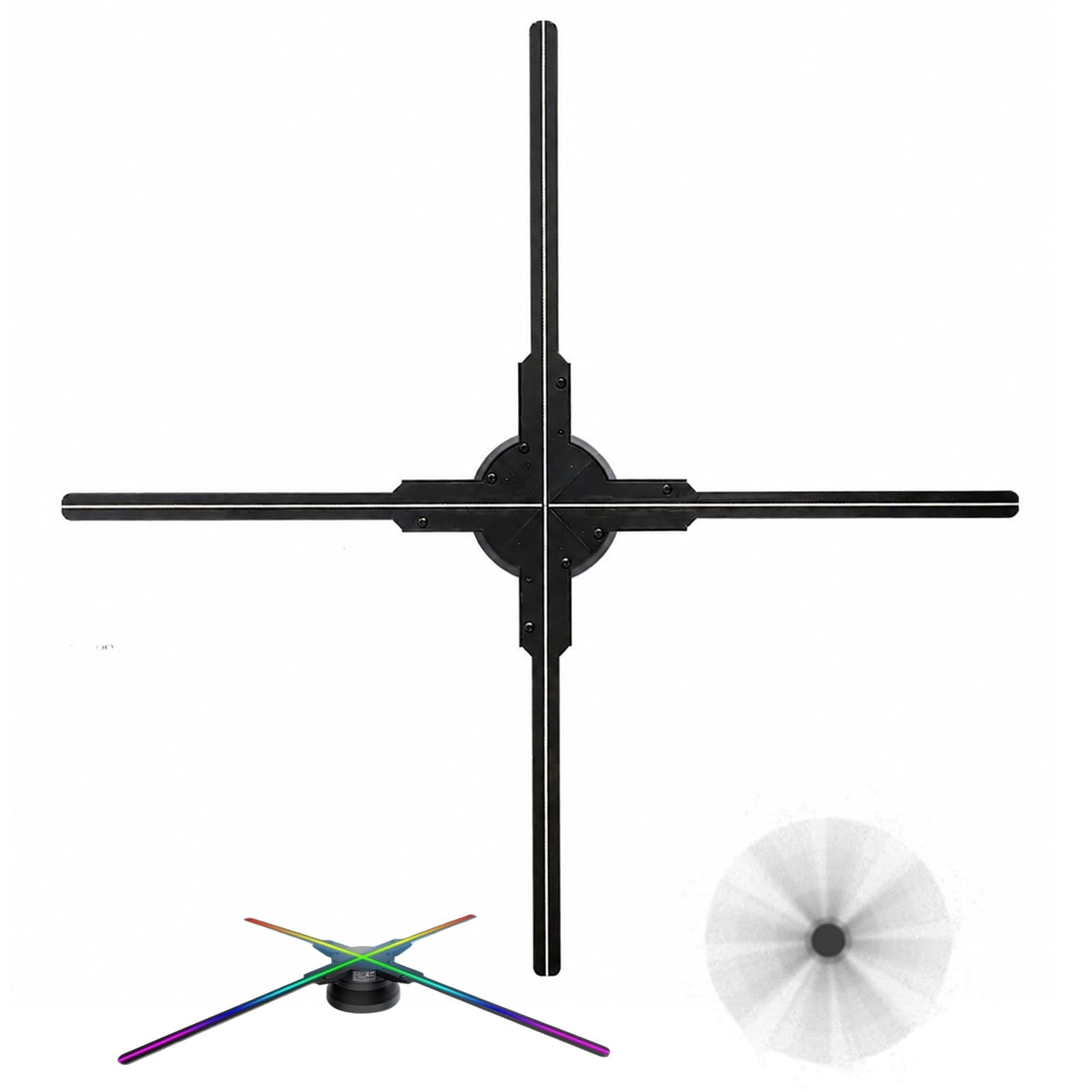 Reklamowy wyświetlacz holograficzny typu „wiatrak” 3D 4-ramienny projektor LED (45/50/56 cm) z obsługą aplikacji, Wi-Fi i pilota, efekty 3D widoczne gołym okiem, synchronizacja wielu urządzeń