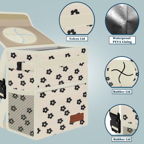 Image of Femuar Leak Proof Car Trash Can with Lid, Collapsible Hanging Waterproof Car Trash Bag with Mesh Pocket for SUV Front Seat Headrest, Beige Flower