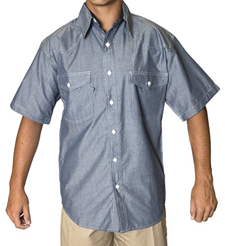 Chambray Mens Short Sleeve Shirt, Western Style Button Front (No Snaps) 60% Cotton 40% Polyester
