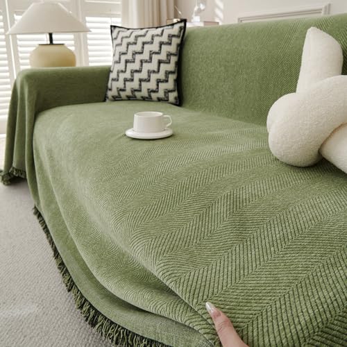 TAOTAOGO Chenille Sofa Large Throw Blanket For 2 Seater Extra Large Throws for Sofa, Soft Throw for Chair Couch and Bed Throw C Green 180x260