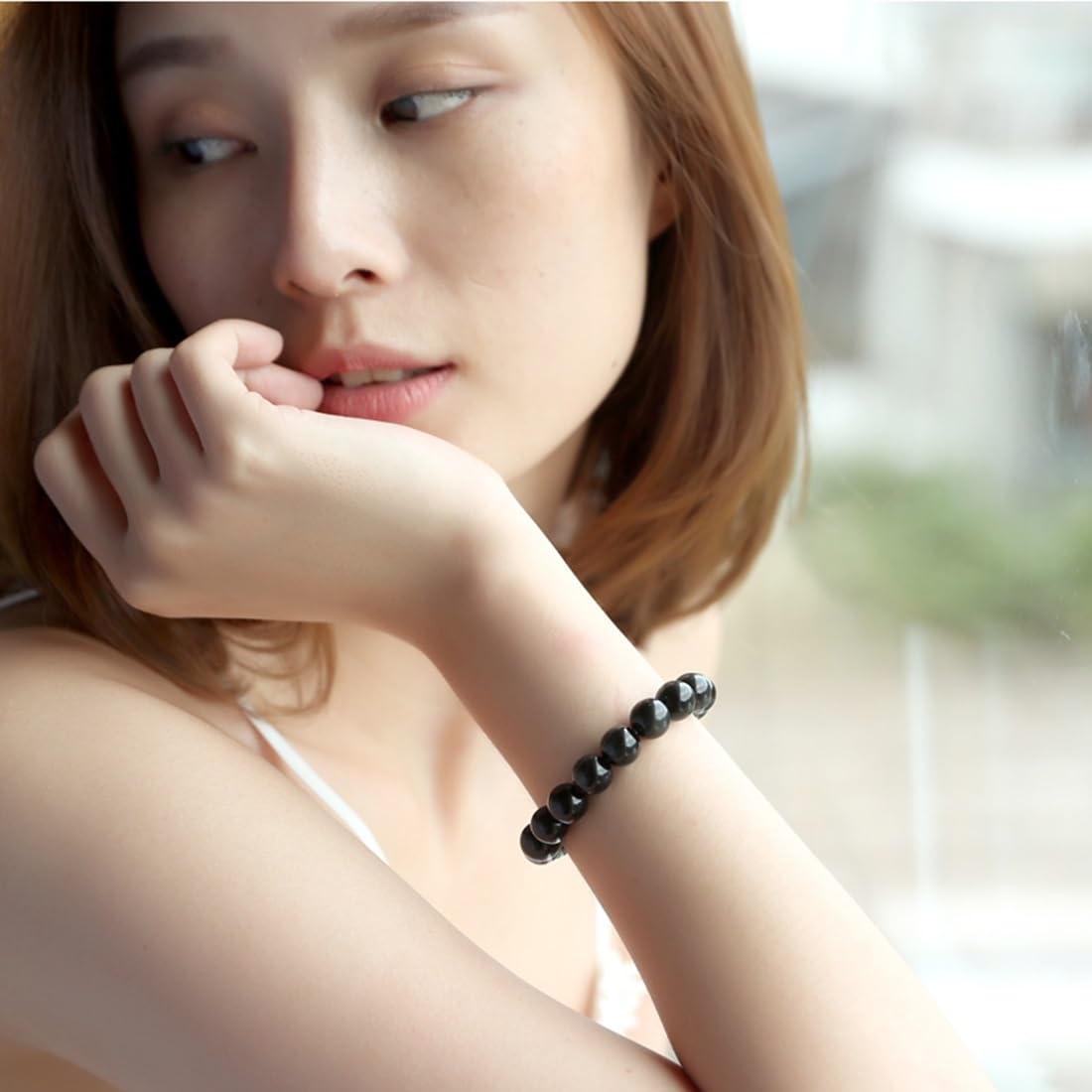 Bracciale in Giada Nera per Donna Uomo, Bracciale con Perline Elasticizzate con Pietre preziose di Agata Naturale