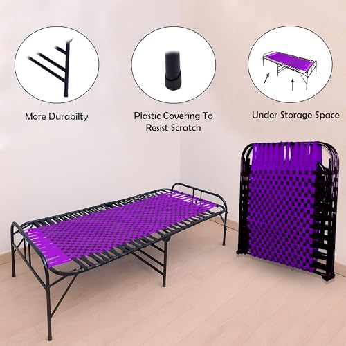 Image of Casa Copenhagen, Portable Single Folding Bed Heavy Duty Metal Cot Khat for Sleeping Bed Space Saving Design Sturdy Synthetic Niwar feet - Purple & Black