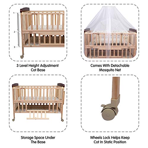 Image of 1st Step Wooden Cot (with 3Level Height, Detachable Mosquito Net, Storage Space and Wheels with Brakes), with Swinging Baby Cradle