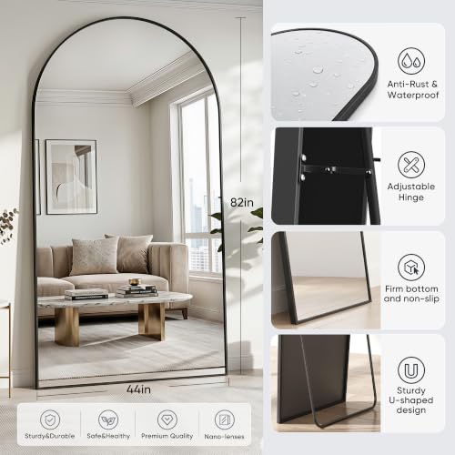 Image of Full Length Mirror, 82 inchx44 inch Arched Floor Mirror Freestanding, Floor Standing Full Body Mirror with Stand for Bedroom, Hanging Mounted for Living Room Cloakroom, Black