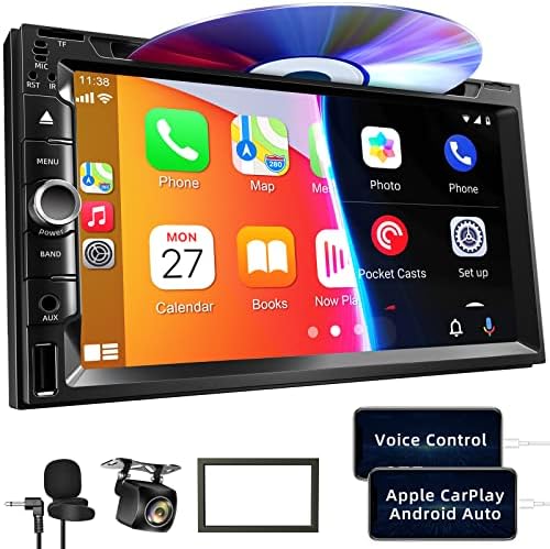 Double Din Car Stereo with CD/DVD Player - 7 Inch HD Touchscreen Car Stereo Support CarPlay & Android Auto, SWC, Bluetooth, Mirror Link, Backup Camera, Subwoofer, USB/TF/AUX, AM FM