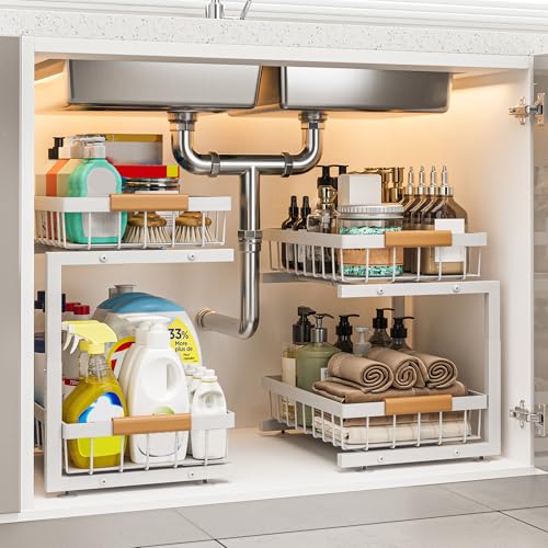 Under Sink Organizer, 2 Pack 2 Tier Expandable Height Under-Sink Bathroom Kitchen Organizers And Storage