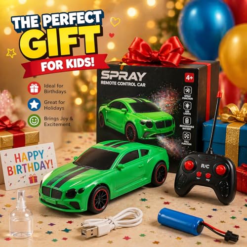 Image of The Flyers Bay Famous Millionaire Remote Control Car for Kids 4+ with Music, 3D Lights, Water Spray, Rechargeable Battery, 7 Function RC Toy Car with Type-C Charging (Green)