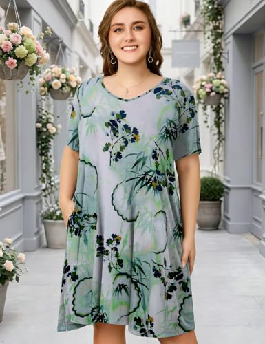 Image of OVERWORETY Womens Short Sleeve Plus Size T-Shirt Dress V Neck Casual Loose Swing A-Line Summer Tunic Dresses with Pockets