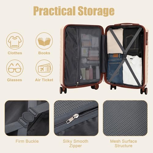 Image of 20 Inch ABS Hard Shell Travel Checked Luggage With Combination Lock, Beige