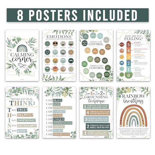 Hadley Designs 8 Calming Corner Posters for Classroom Must Haves for Teachers - 11x17 Calm Down Corner Supplies, Feelings Chart for Kids Ages 4-8, Toddler Emotions Chart, Greenery Classroom Decor - Image 4