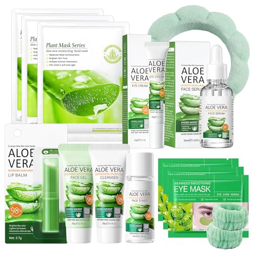 Aloe Vera Skin Care Set 13-teiliges Aloe Vera Gesichtspflege Set mit Serum Gesichtsmaske Lippenbalsam Haarreif und Augenpads das umfassende Beauty Set Frauen für alle Hauttypen