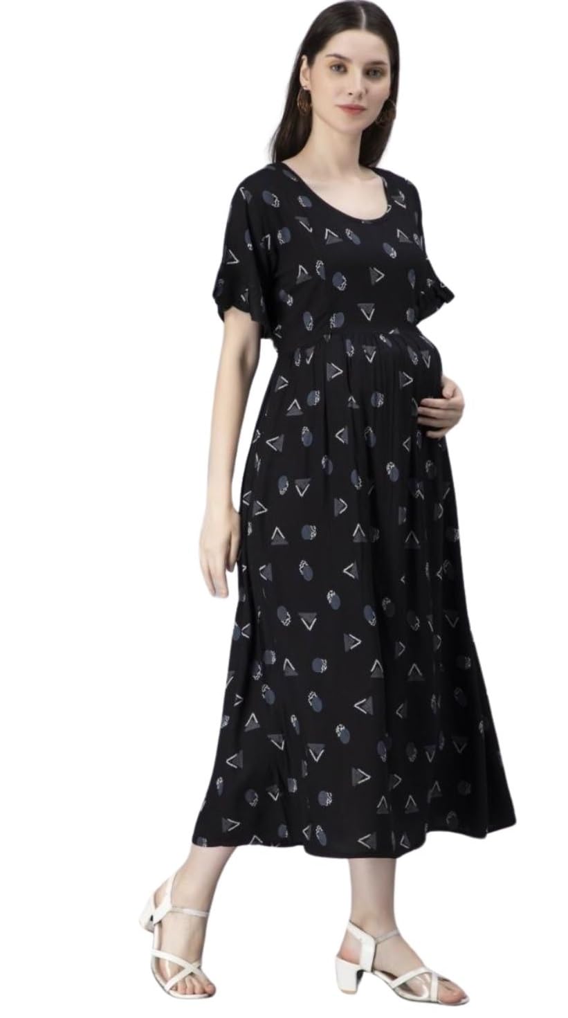 khejal Women's Cotton Round Neck Short Sleeves Printed Maternity Kurti with Feeding Zipper (Black MOM-S)-picture-44