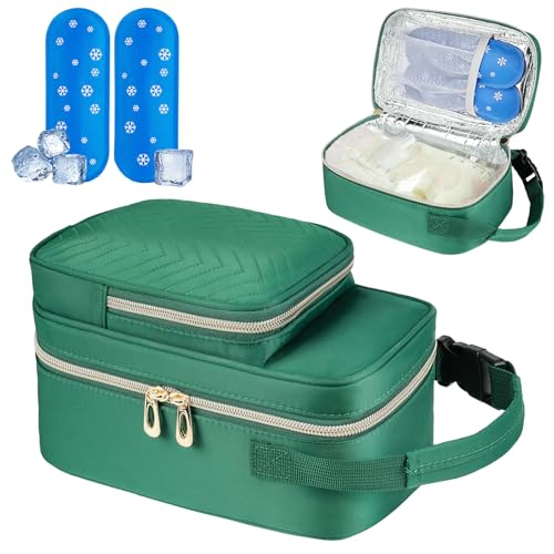 Image of ZIOZERTT Breastmilk Cooler Travel Bag with Ice Pack,Portable Breastmilk Cooler Bag with Buckle Handle,Insulated Breastmilk Storage Bag Cooler,Green