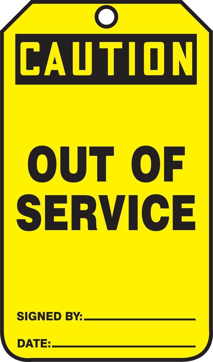 Signs MDT641CTP Safety Tag, Legend "Caution Out of Service", 5.75" Length x 3.25" Width x 0.010" Thickness, PF-Cardstock, Black on Yellow (Pack of 25)