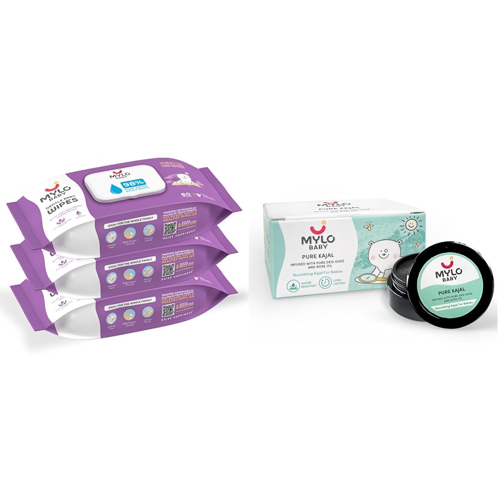 Mylo Baby Wipes With Lid Pack of 3 + Kajal 5g Combo | 98% Water Wipes with Aloe, Neem & Coconut | Talc-Free Baby Powder for Rash-Free Skin | Gentle, Safe & Multi-image-46