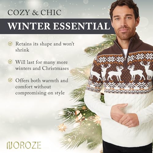 NOROZE Men's Christmas Moose Fairisle Cable Knitted Mock Quarter Zip Xmas Jumper Cream - Image 4