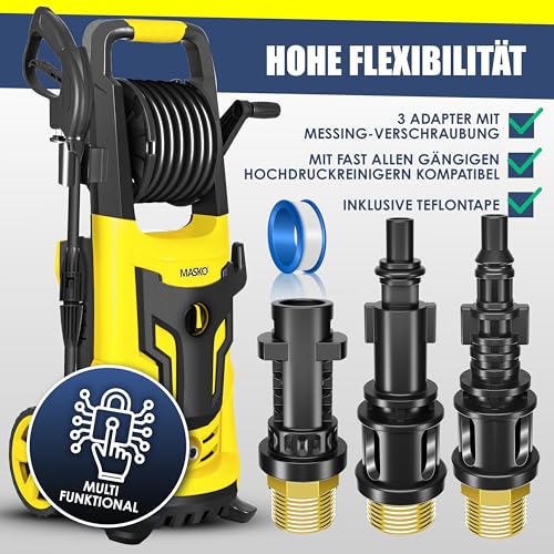 Foto von MASKO® Premium Rohrreinigungsschlauch Set Abflussreiniger 30m, 200 bar inkl. Isolierband, Tasche 3 Adapter 2 Düsen kompatibel mit Kärcher k2-k7 LAVOR Hochdruckreiniger Rohrreinigungsset + Handschuhe
