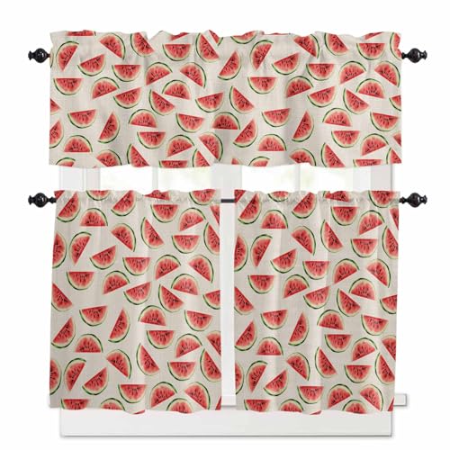 Watermelon Kitchen Curtains 36 Inch Length,3 Piece Rod Pocket Small Half Tiers and Valance Set,Summer Red Fruit Tropical Country Watercolor Small Large Window Treatment Decor for Bedroom/Bathroom