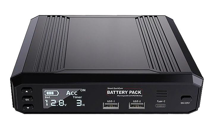 Front view of ENERGYWELL P6 Dashcam External Battery with LCD screen and ports