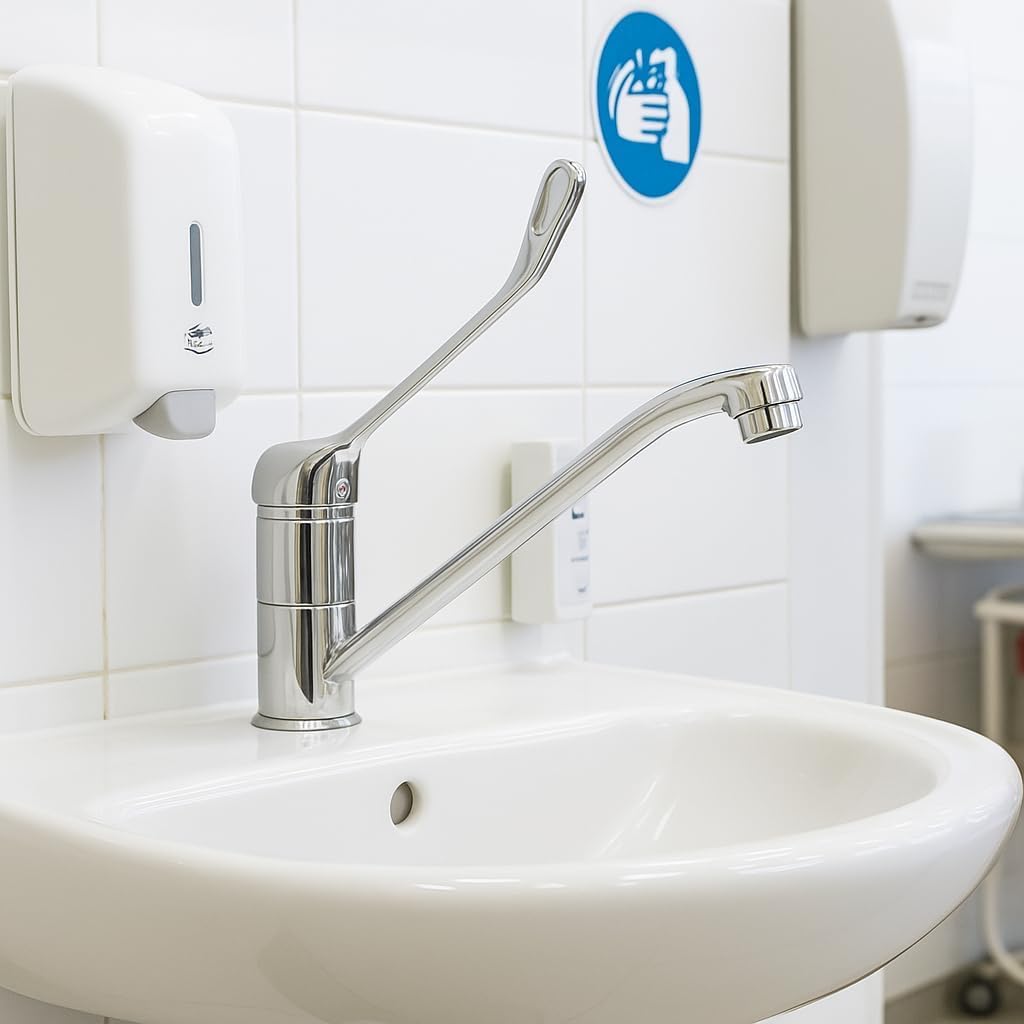 Robinet Gérontologique de Cuisine – Mitigeur Monocommande pour Évier avec Poignée Médicale Hygiénique à Levier Coude, Design Ergonomique, Finition Chromée Argent