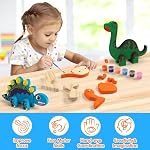 Mocoosy Wooden Dinosaur Painting Art and Craft Kit for Kids 3-5, Build & Decorate Your Own Dinos with Paint & Stickers, Wood Dinosaur Builder Game Montessoi Fine Motor Toy Gift Toddler Boys Girls 4-8