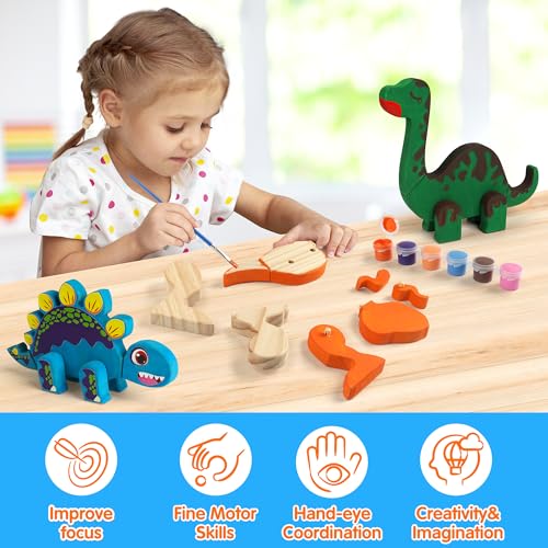 Mocoosy Wooden Dinosaur Painting Art and Craft Kit for Kids 4-8, Build & Decorate Your Own Dinos with Paint & Stickers, Wood Dinosaur Builder Game Montessoi Educational Toy Gift Toddler Boys Girls 3-5 - Image 5