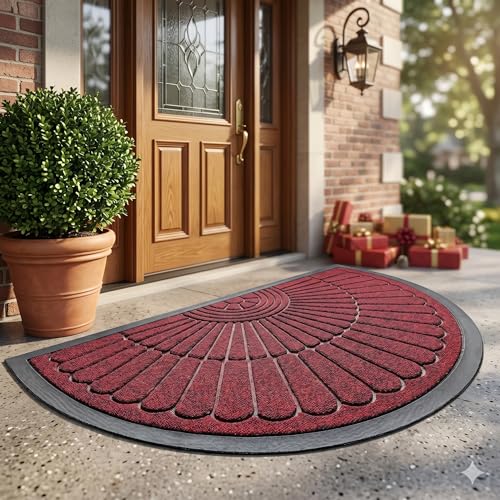 Image of Heavy Duty Half Round Doormat for Outdoor Entrance - Waterproof Low-Profile Rubber Backed Welcome Mat with Anti-Slip Grip & Dirt Trapping Design Front Door Rug (Red, 45 x 75 CM)